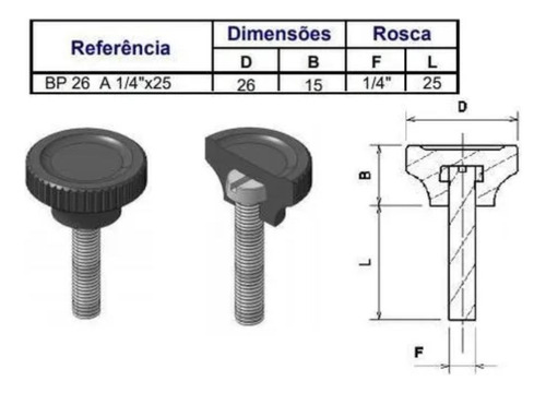 Manipulo Botão Recartilhado 26mm Macho 1/4 X 25 Com 50 Peças