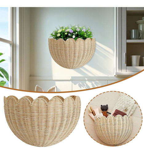 Cesta De Pared Festoneada, Cesta De Mimbre Tejida A Mano.