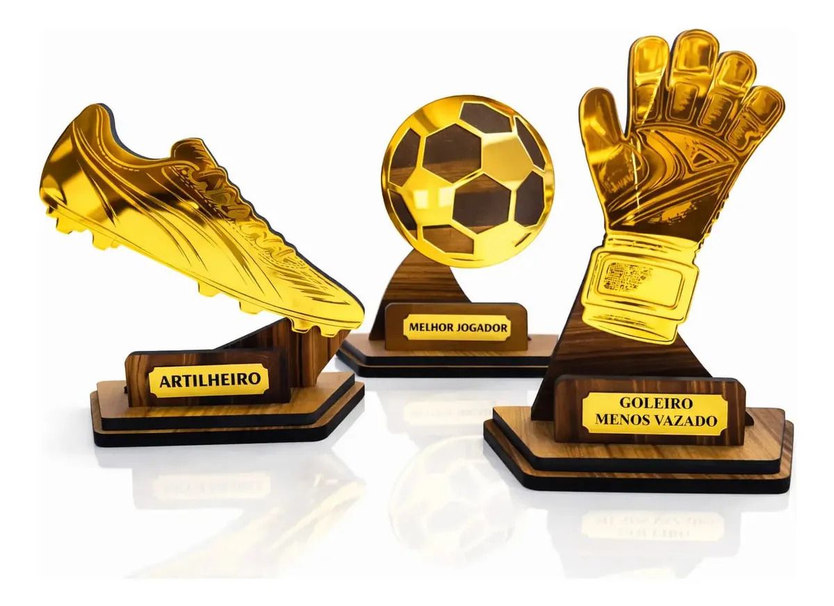 03 Troféus Artilheiro Goleiro Melhor Jogador Acrílico Mdf Artilheiro Goleiro Melhor Jogador