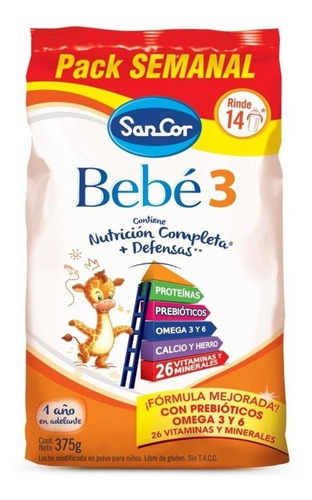 Leche de fórmula en polvo sin TACC Mead Johnson SanCor Bebé 3 en bolsa de 4 de 375g - 12 meses a 4 años