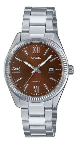 Reloj Mujer Casio Ltp-1302dd-5a Core Ladies Acero Wr50 Malla Plateado Bisel Plateado Fondo Bordó