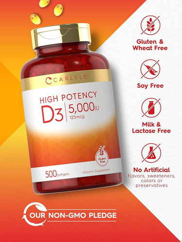 Carlyle Vitamina D3 5000 Iu 125 Mcg Con 500 Softgels Sin Sabor
