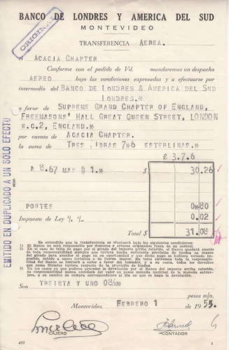 1955 Banco De Londres Y America Del Sud Boleto Transferencia