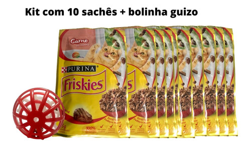 Imagem 1 de 5 de Kit Gatinho Feliz 10 Sachês Friskies Carne E Bolinha Guizo