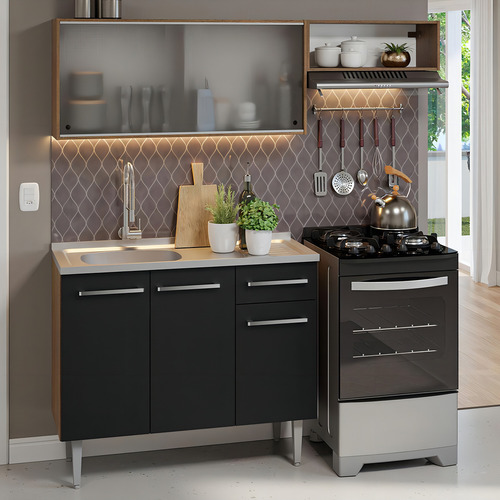 Armário Cozinha Compacta 165cm Com Pia Emilly Madesa 05 Rp Cor Rustic/Preto