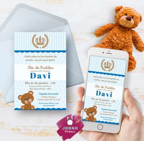 Imagem 1 de 3 de Convite Digital Chá De Bebê Urso Azul E Marrom