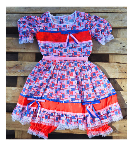 Vestido Festa Junina Infantil Estampado Com Laço Azul E Rosa