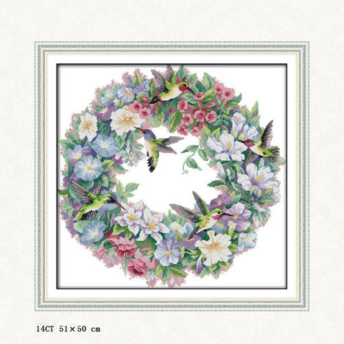 Kit De Estampado Cuadros Colibríes Flores 14ct 51x50cm
