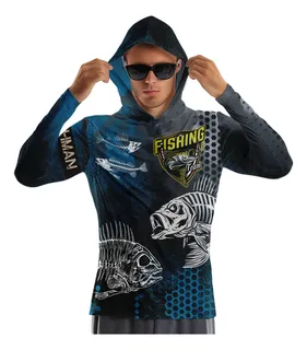 Playera Hombre Manga Larga Con Capucha Pesca Deportiva Ikono