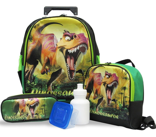 Kit Escolar Infantil Mochila Rodinhas Dinossauro Tamanho G