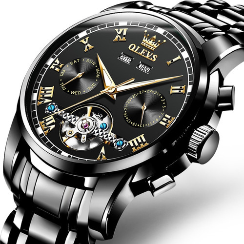 Reloj automático Olevs Platinum para hombre, caja suiza, correa de lujo, color negro, bisel, color negro, color de fondo negro