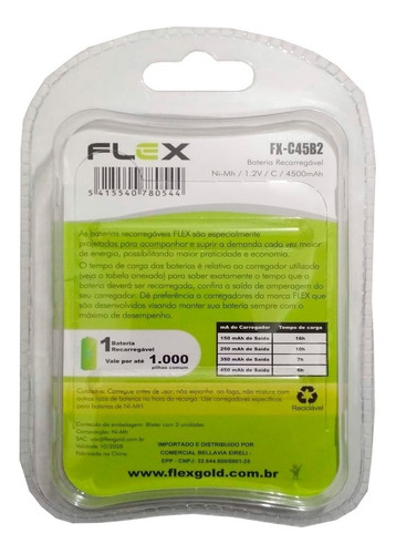Imagem 2 de 2 de Pilha Recarregavel Tipo C Flex Media 4500mah Lr14 Com 2 Unid