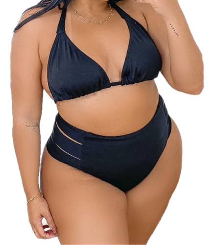 Biquini Plus Size Cintura Alta Tiras Laterais Preto 