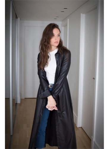 Vestido Negro Engomado Camisero Largo Con Botones Ecocuero