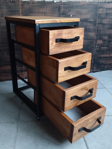 Imagen 3 de 5 de Cajonera Industrial Hierro Madera Rústica Guardado Móvil
