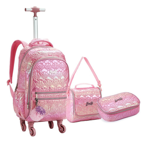 Mochila Rodinha 360° Conchas Metalizada Juvenil Meninas Cor Rosa