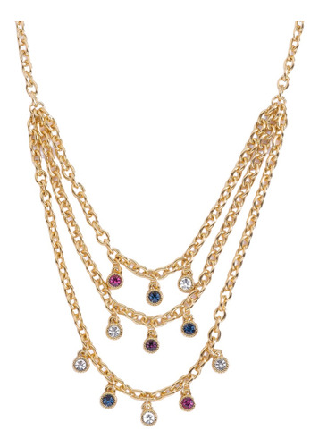 Collar Triple Cadena Dorada Con Cristales Colores Colgantes