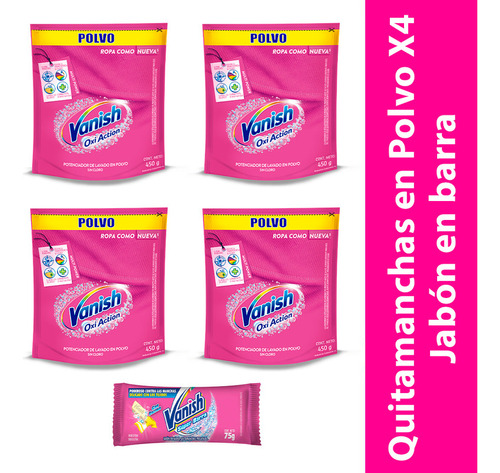 Combo Vanish Oxi Action Polvo Rosa Refill X4 + Jabon Barra