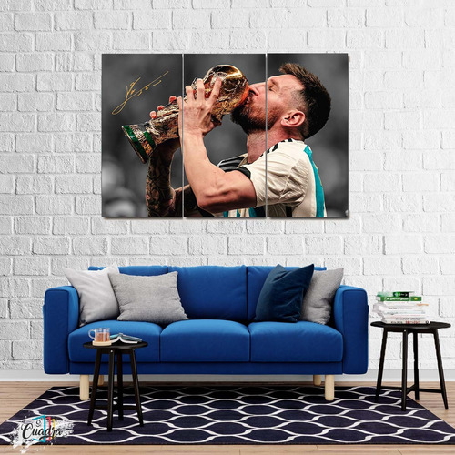 Cuadro Messi Beso Copa Campeon Futbol Moderno Triptico 90x60