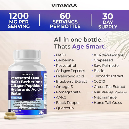 Resveratrol Nad Nac Acido Hialuronico Biotin Importado Envio Sin Sabor
