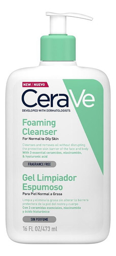 CeraVe Gel Limpiador Espumoso Piel Mixta a Grasa| Desarrollado con Dermatólogos | Textura en Gel a Espuma | Elimina exceso de grasa| Con Niacinamida y Ácido Hialurónico | 473ml | 16oz