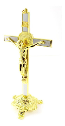 Crucifixo Mesa Metal Medalha São Bento 27cm