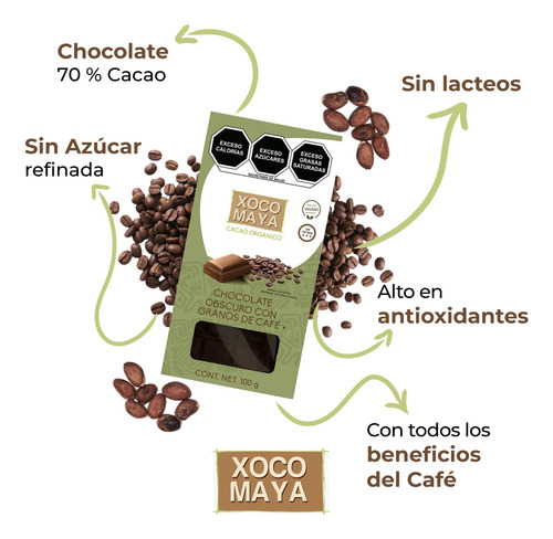 Barra De Chocolate Oscuro Con Granos De Café 100g Xoco Maya