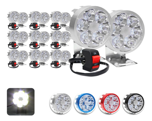 10 Par Faros 6 Led Redondo Aluminio Auxiliar Moto + Switch