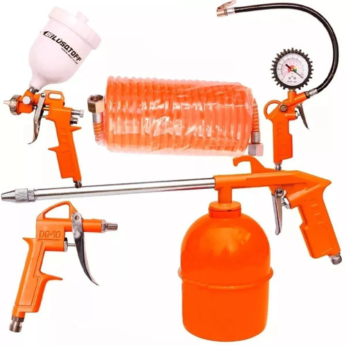 Kit Compresor Sopletear Inflar Lavar Pintar 5 Pzas Lusqtoff