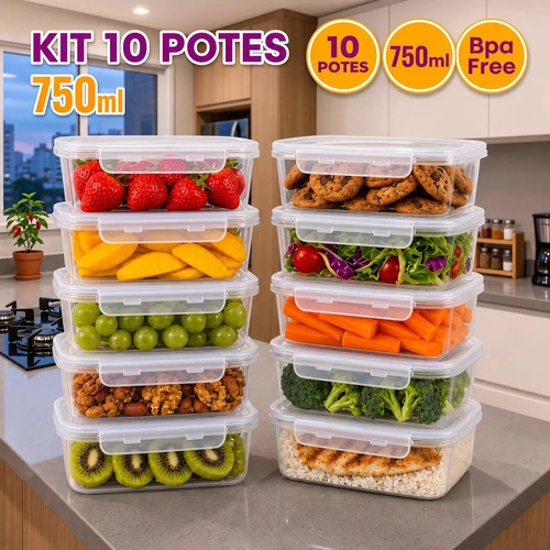 Kit 10 Potes 750ml com Tampa Trava Plástico Transparente para Mantimentos e Alimentos Marmita Organizador de Cozinha Geladeira e Freezer Jogo de Potes para Organização Ponte Lar Utilidades