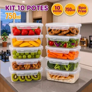 Kit 10 Potes 750ml Com Tampa Trava Plastico Transparente Para Mantimentos E Alimentos Marmita Organizador De Cozinha Geladeira E Freezer Jogo De