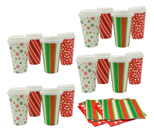 4es Vasos De Papel Navideños Desechables De 16 Oz Con Tapas