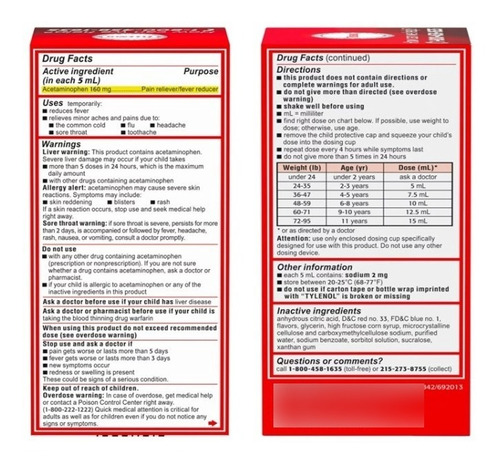 Imagen 3 de 4 de Children´s Tylenol Acetaminophen Suspensión 160mg Per 5ml