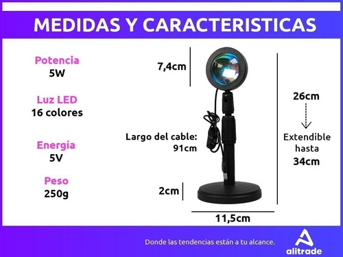 Imagen 7 de 10 de Lampara Proyector Atardecer 16 Colores Sunset Control Usb