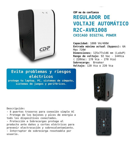 Regulador Voltaje Cdp 1000va 400w 8 Cont Coaxial R2c-avr1008
