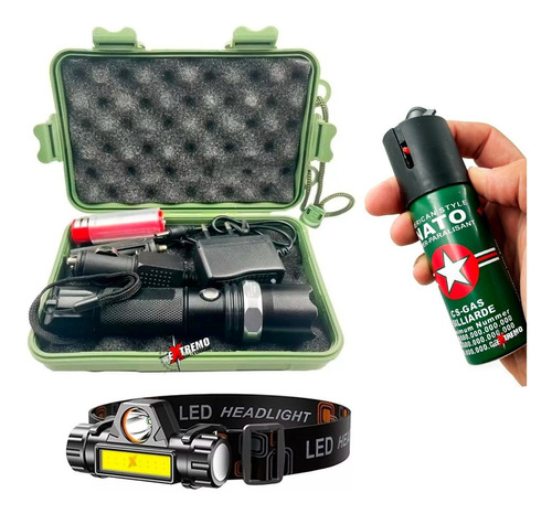 Linterna Minero Led + Linterna Mano Táctica + Spray Pimienta