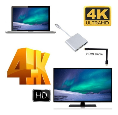 Imagen 8 de 10 de Adaptador Hub 3 En 1 Usb-c A Hdmi, Usbc, Usb 3.0 - 4k