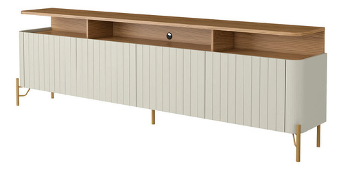 Rack Para Sala Com Portas Brise 180cm Pés Em Metal 100% Mdf Cor Louro E Luna Com Dourado