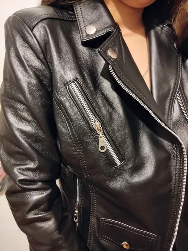 combinación fantasma aprendiz Chamarra Biker De Piel Para Mujer Chaqueta Cuero Negra Slim