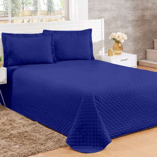 Kit Cobre Leito Colcha Para Quarto Cama Casal Padrão Matelassê 3 Peças Empório Luz Cor Azul