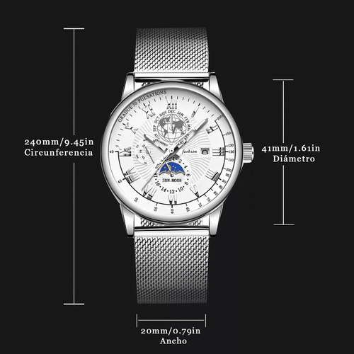 Reloj De Cuarzo RW-003 Luminoso Calendario Acero Impermeable Hombre Correa de Acero Inoxidable y Calendario Regalo Sofisticado para Cumpleaños Aniversario O Eventos Especiales