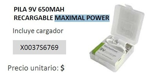 Pila 9v 650mah Recargable Maximal Power Incluye Cargador