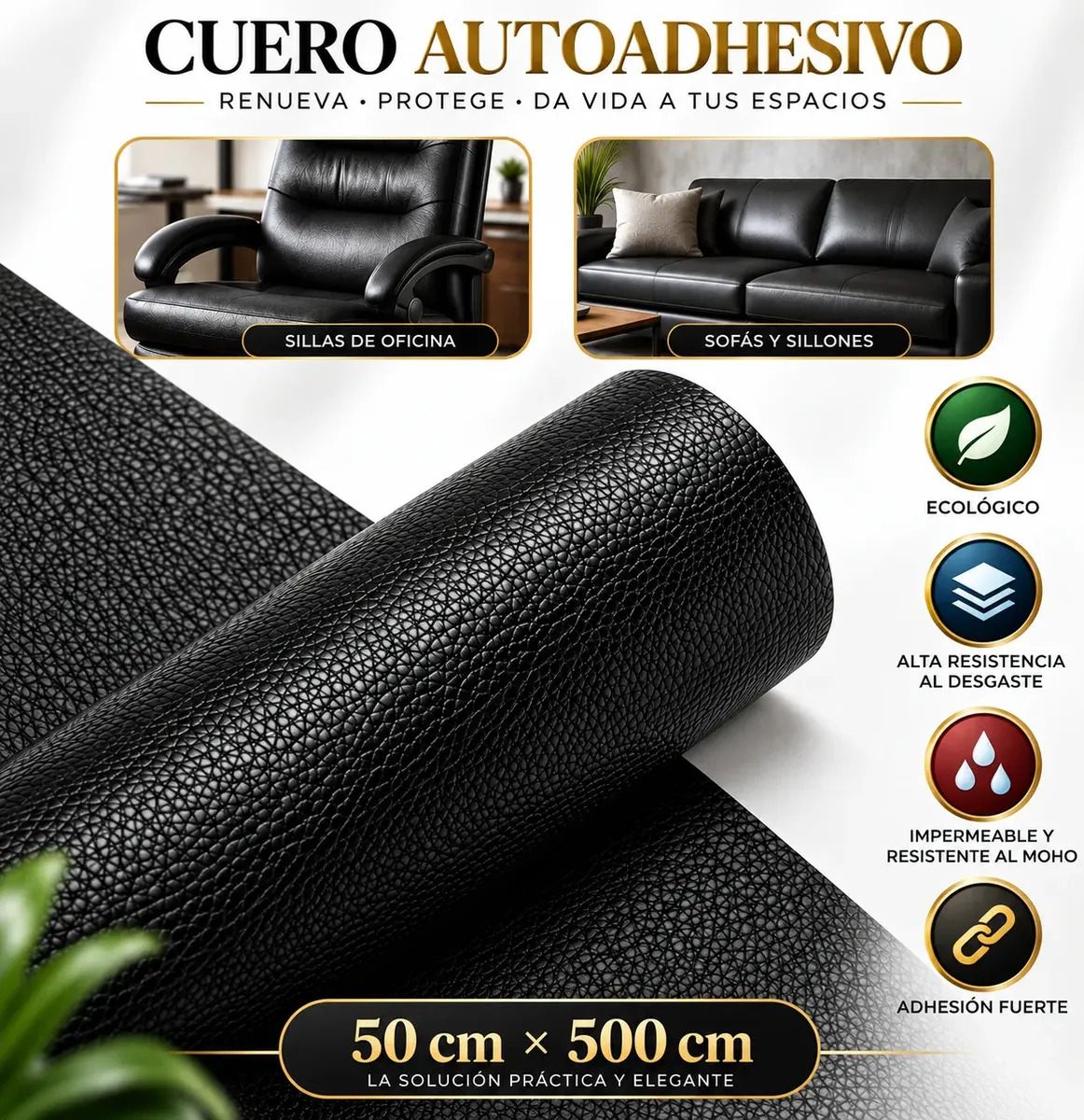Parche Reparación Cuero Autoadhesivo, Rollo Reparador Autoadhesivo Para Cuero Y Vinilo Parche Autoadhesivo Rollo Adhesivo para Reparar Cuero y Vinilo en Sofá, Asientos y Bolsos 50cm x 500cm Negro