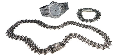 Combo Spiked Simil Plata Cubana 45cm + Pulsera + Reloj Patek