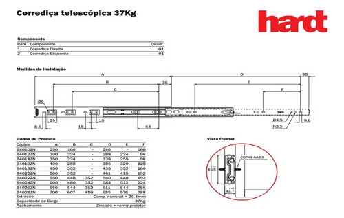 Corrediça Telescópica 450mm 37kg Hardt