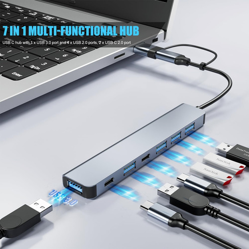 Hub Usb De Pc, Hub Usb C, Extensor Usb 8 En 1 Con 4 Puertos