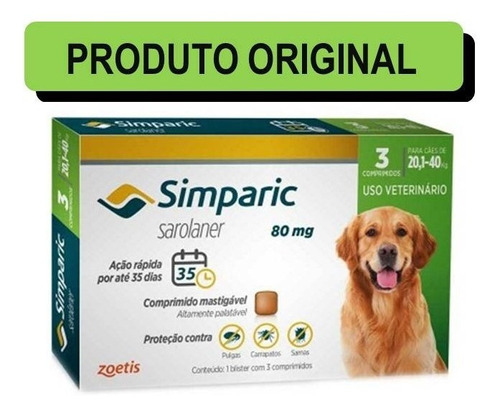 Antipulgas Simparic 80mg Para Cães De 20kg Até 40kg - 3 Comp