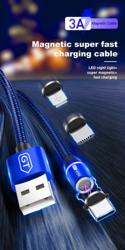 Cable Magnético Carga Rápida Android iPhone Transmi Data 3a