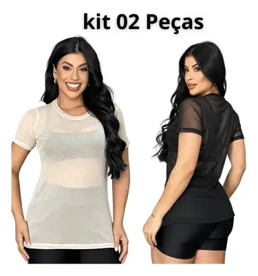 Kit 02 Blusa De Tule Transparente Academia Moda Fitness