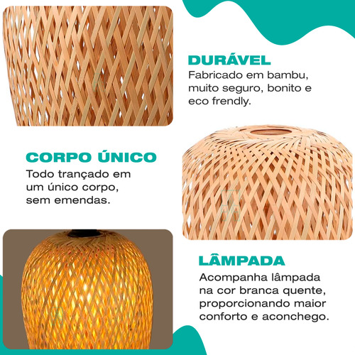Luminária Led Teto Pendente Lustre Quarto Sala Mesa Cozinha 127/220V Spot Embutir Rústico Bambu 4x4sc